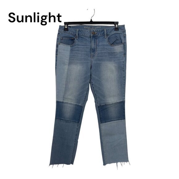 American Eagle Women SZ14 Patchwork Skinny Jean Distressed Frayed Hem Blue Denim - Picture 1 of 14